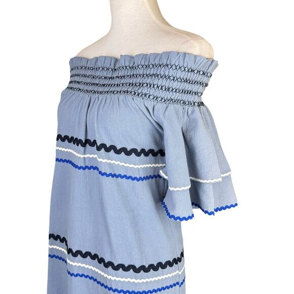 Mud Pie NWT Finnigan Blue Smocked Off the Shoulder Ric Rac MIni Dress Coastal - Picture 7 of 11